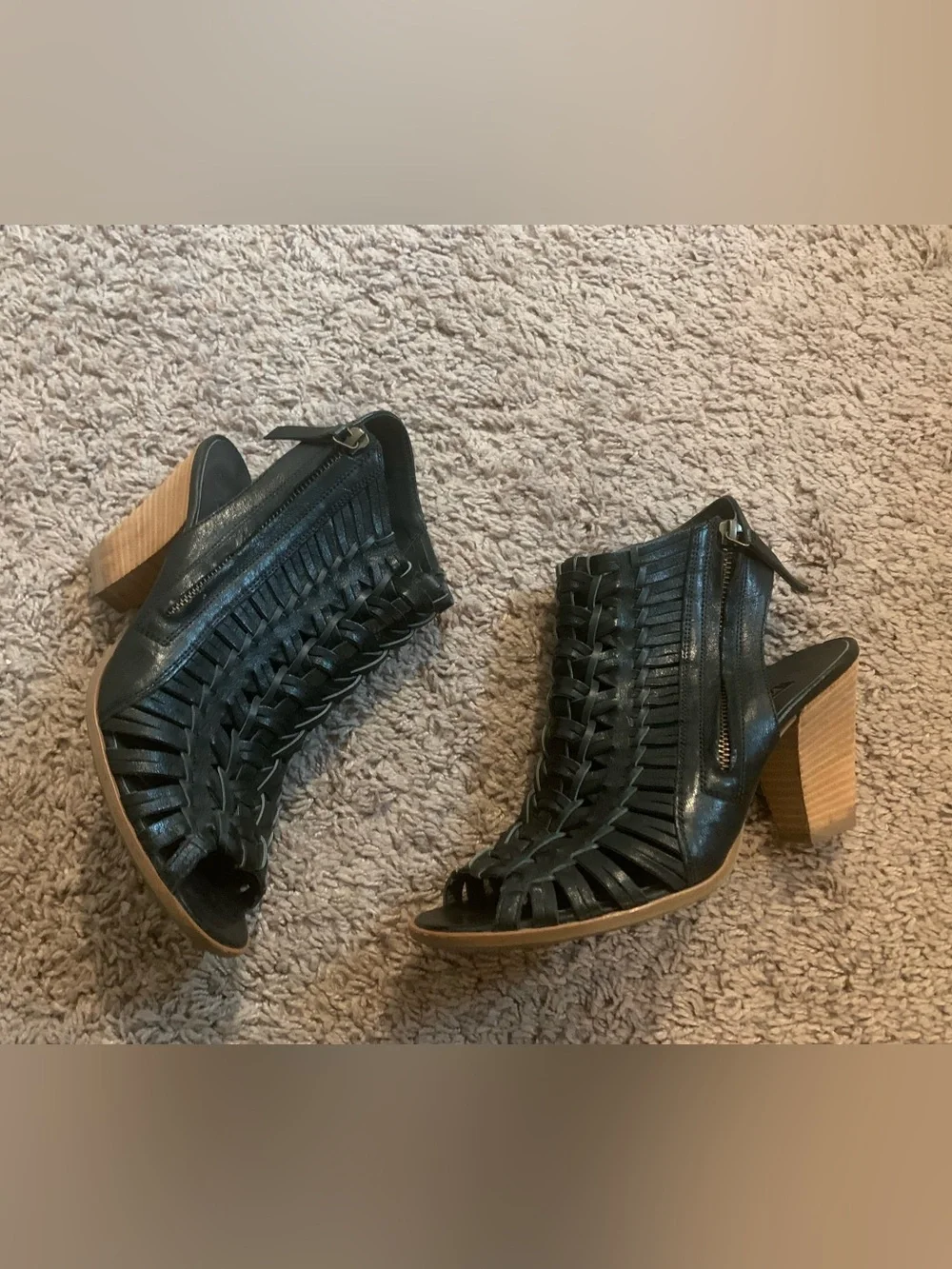 Paul Green Miranda Peep Toe Woven Ankle Boots Bootie Leather Black